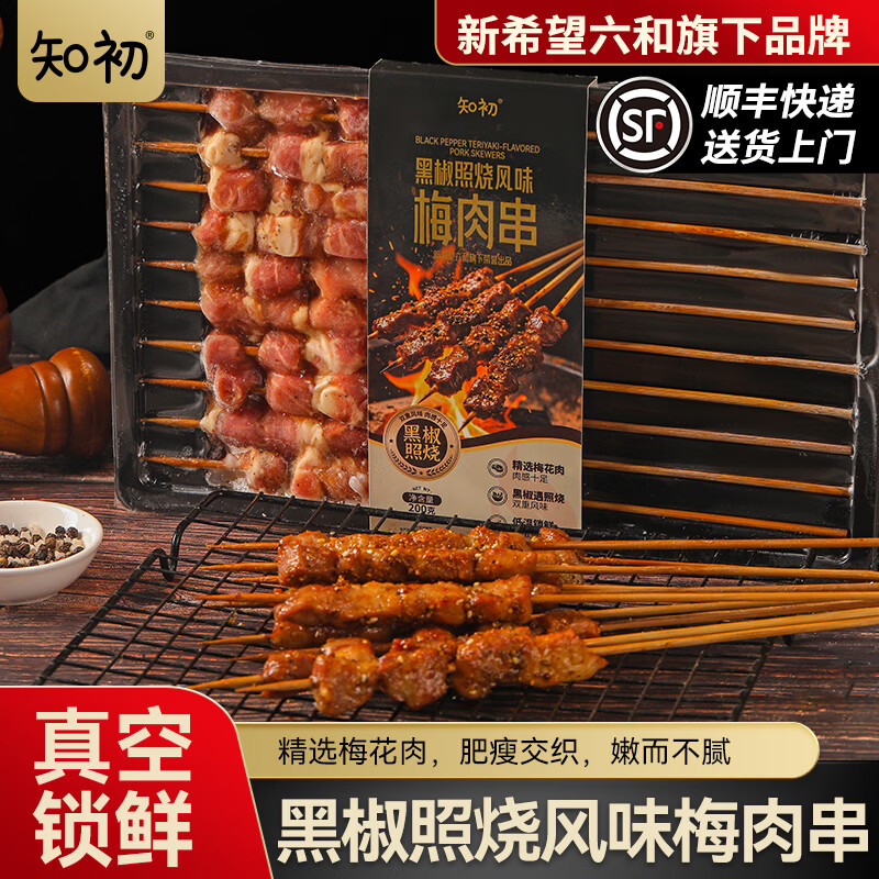 知初新希望猪梅花肉串黑椒麻辣风味200g/袋 新鲜猪梅花肉炭烤猪排烧烤 精选猪梅花肉串黑椒风味【3袋装】
