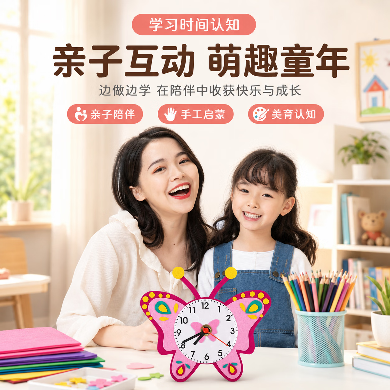 REICE儿童不织布卡通时钟手工制作diy材料包幼儿园亲子活动手工钟表 c023独角兽