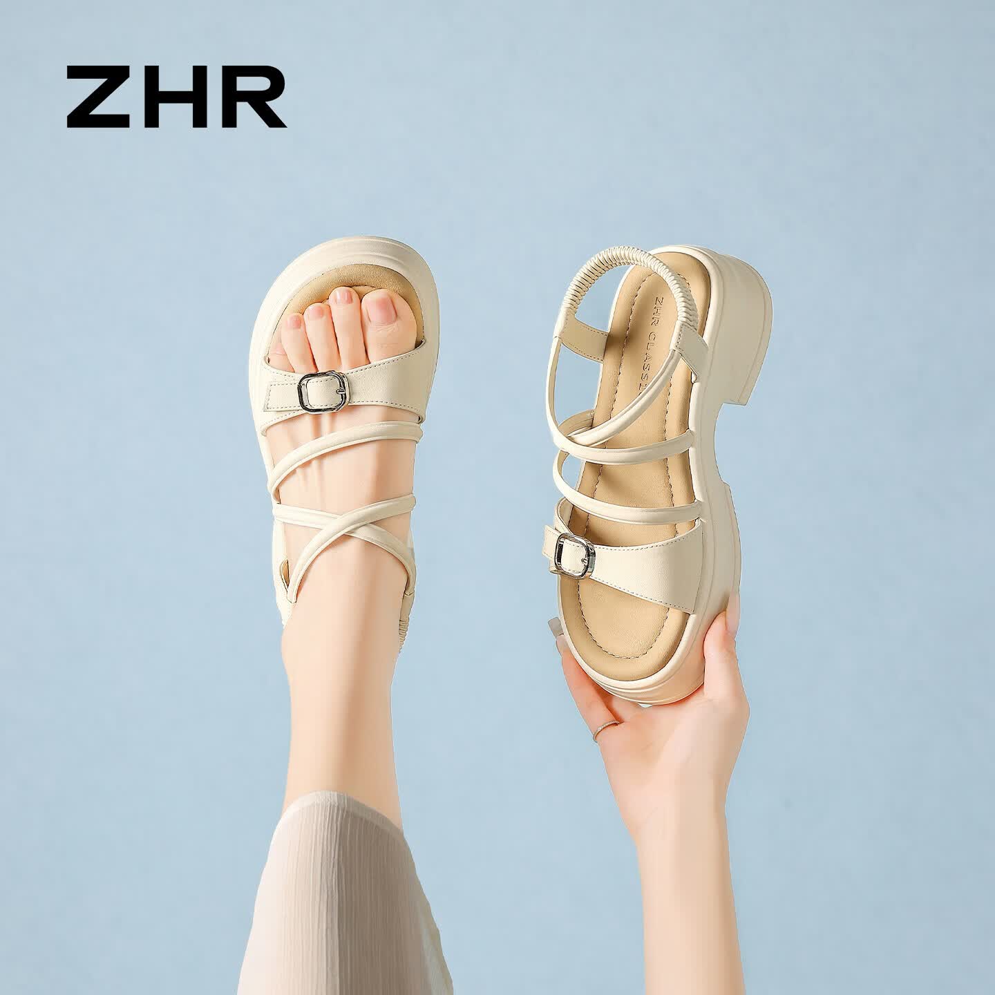 ZHR则则厚底凉鞋女2026夏季新款外穿罗马女鞋不累脚沙滩鞋 JF596米色35