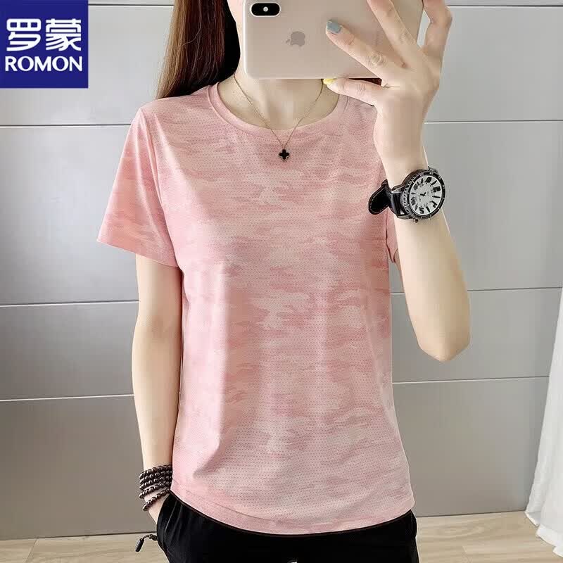 罗蒙冰丝速干运动套装女 夏季超薄透气登山跑步运动服短袖T恤女两件套 8827粉色上衣 3XL【150-170斤】