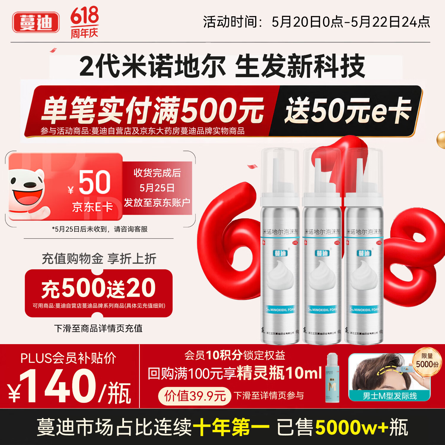 蔓迪【第二代米诺地尔】蔓迪5%生发泡沫剂60g*3（倍速生发 温和低敏）男女专用治脱发防脱育发米洛酊搽剂