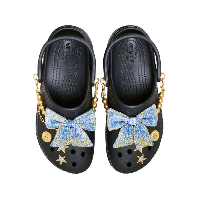 卡骆驰(CROCS)白鹿同款经典丹宁蝴蝶云朵洞洞鞋厚底沙滩鞋|213114 黑色-001(含智必星) 38 (240mm)