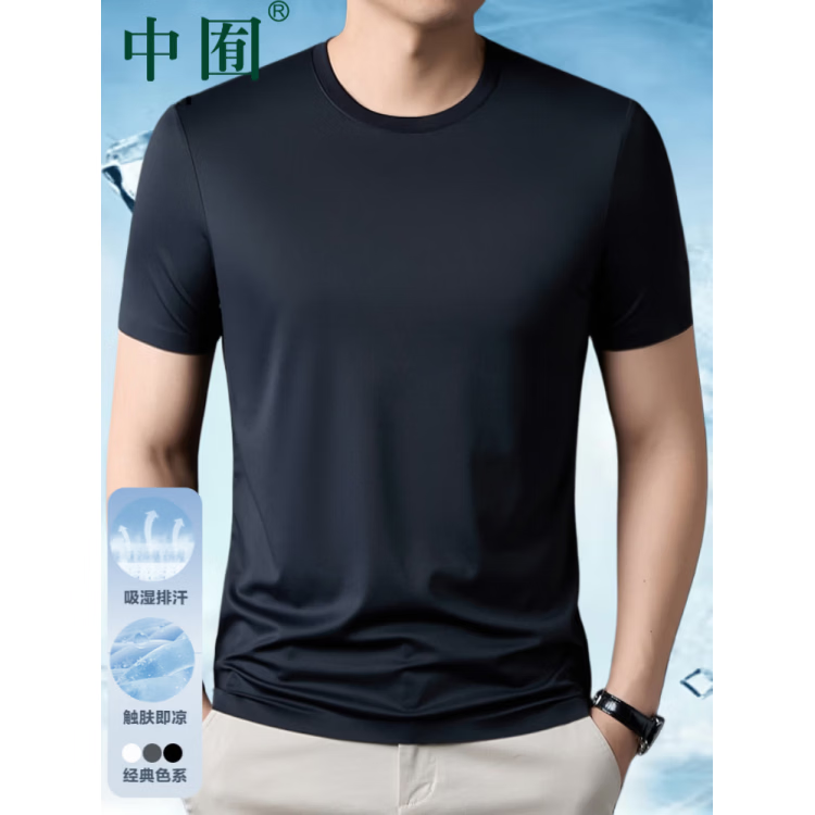 中囿正品高端冰丝短袖T恤男士半袖2026夏季圆领休闲百搭打底体恤衫男 深云青 XL (175) 【130一155斤】