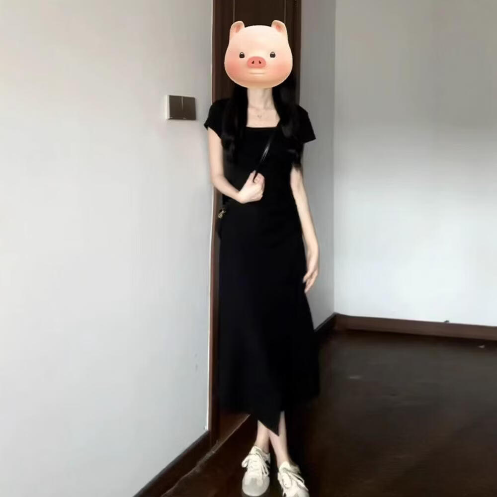 茶歇法式方领灰色连衣裙女2026夏季设计感小众修身显瘦气质长裙 黑色 2XL