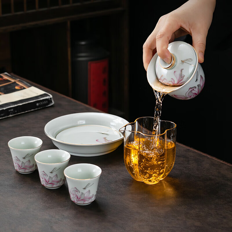 京峰阁 茶具套装 景德镇陶瓷盖碗茶壶茶杯整套高档轻奢家用礼物商务礼品 情投意荷粉盖碗茶壶套装(粉) 7人饮 11件