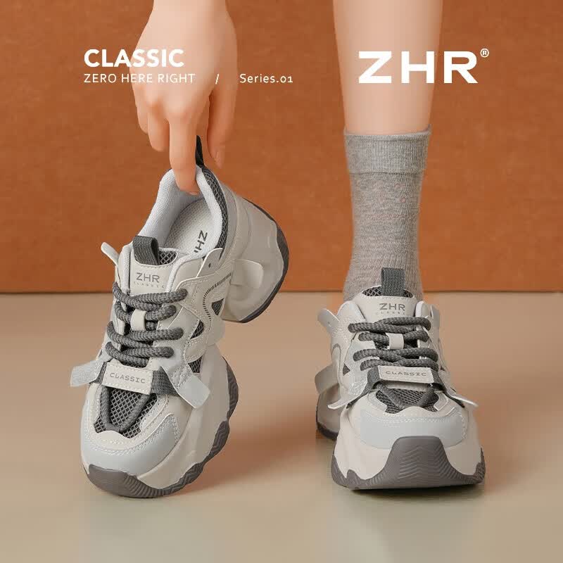 ZHR则则老爹鞋女鞋厚底增高5.5cm网面透气轻便运动休闲鞋百搭时尚机甲鞋 卡其灰 35