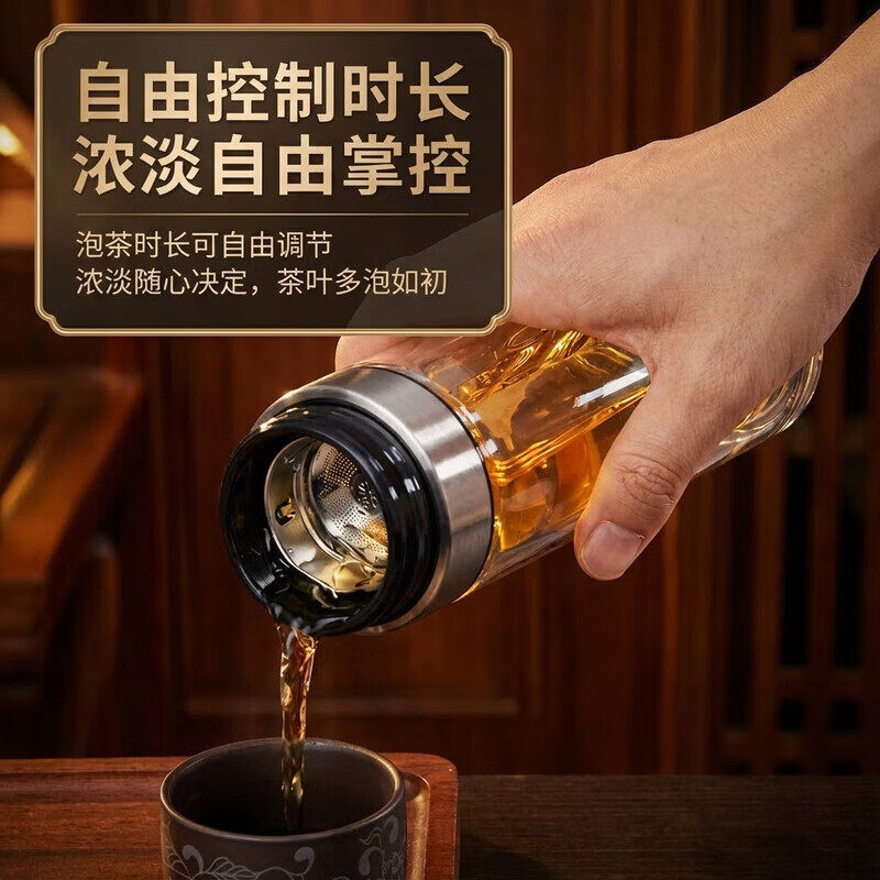 JCZS双层玻璃杯全钢盖一键开盖泡茶水分离男士水杯车载高硼硅杯子 300ML【升级款钢盖+实心厚底杯】