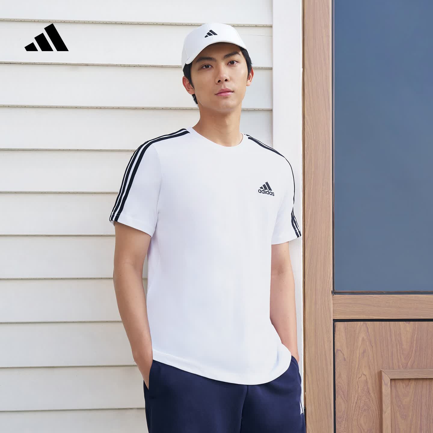 adidas纯棉休闲百搭三条纹针织运动圆领短袖T恤上衣男夏阿迪达斯   白/黑色   XL
