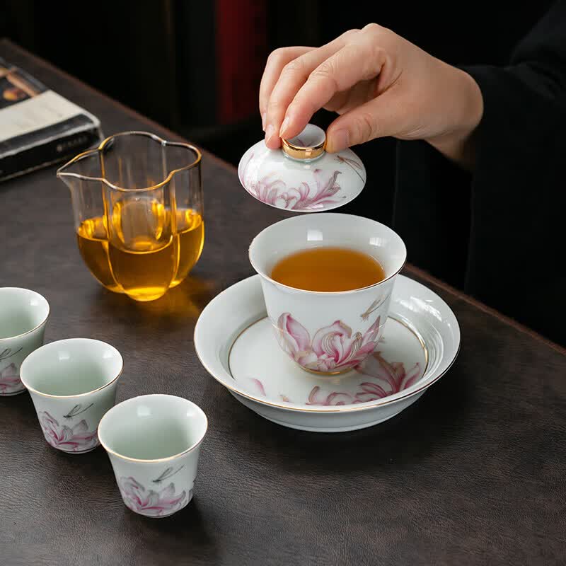 京峰阁 茶具套装 景德镇陶瓷盖碗茶壶茶杯整套高档轻奢家用礼物商务礼品 情投意荷粉盖碗茶壶套装(粉) 7人饮 11件