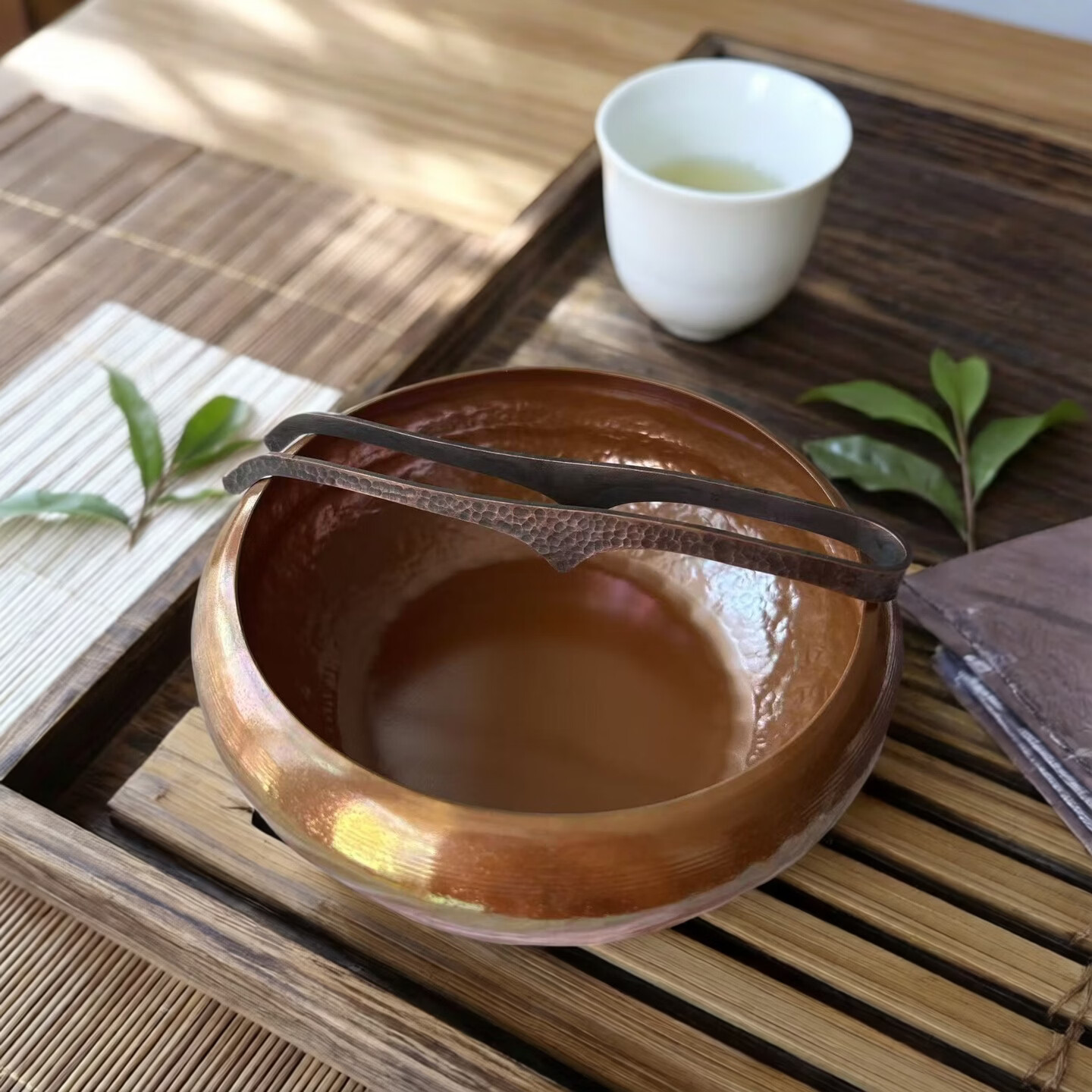 手工锤纹紫铜茶夹17cm新中式复古茶杯夹防烫取杯夹功夫茶具配件 紫铜锤纹茶夹