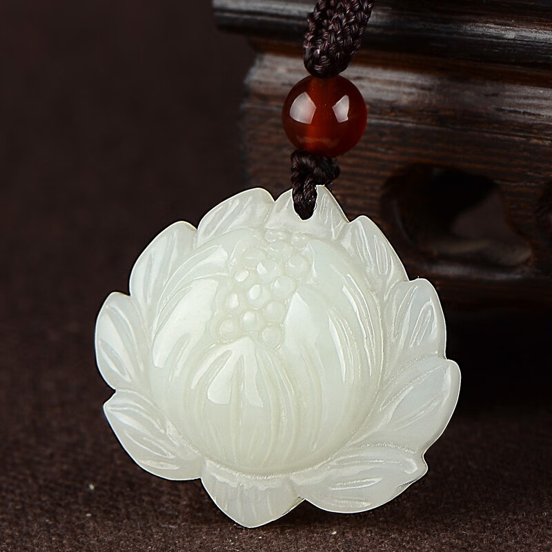 迎淇轩和田玉莲花吊坠 玉石白玉莲花玉坠挂坠 男女玉佩项链吊坠