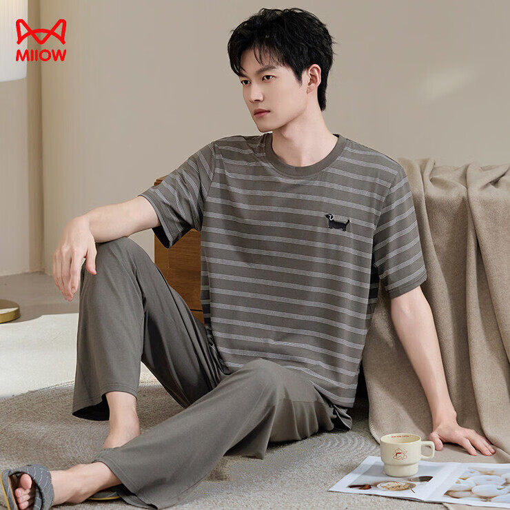 MiiOW男士睡衣男款2026新款夏季莫代尔棉男生大码固定居家居服夏天 720 7202深空灰条纹 4XL 200-220斤