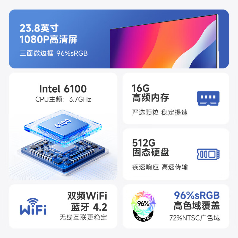 酷开 创维一体机电脑23.8英寸 家用商务办公学习台式主机高清全套(Intel N5095 16G 512G)WIFI 蓝牙