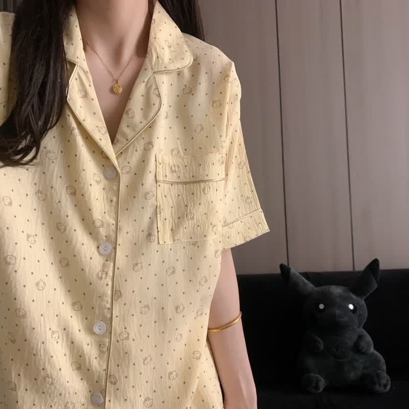 有只绵韩系波点夏季新款睡衣短袖家居服套装短裤可外穿宽松翻领女装 K1047 M 适合70-85斤