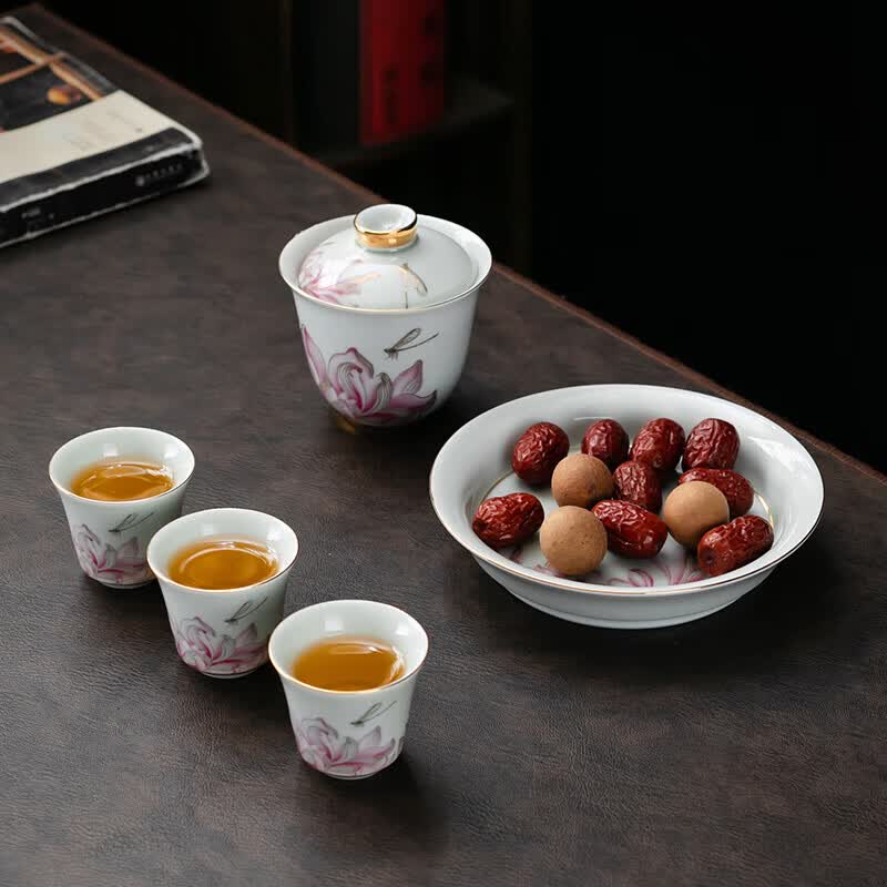京峰阁 茶具套装 景德镇陶瓷盖碗茶壶茶杯整套高档轻奢家用礼物商务礼品 情投意荷粉盖碗茶壶套装(粉) 7人饮 11件