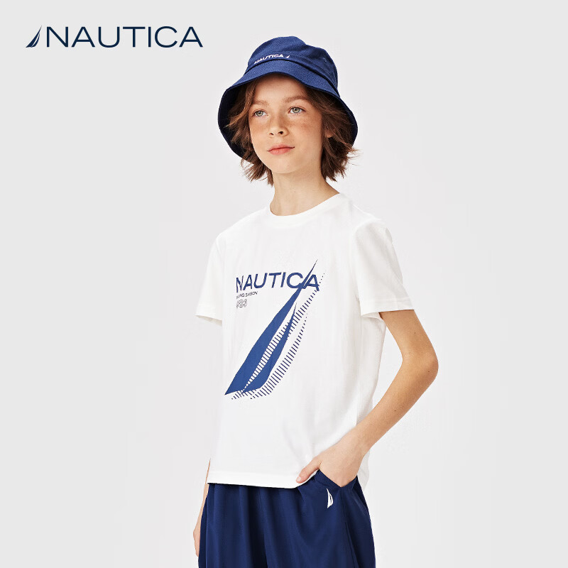 NAUTICA诺帝卡童装女童男童套装夏季短袖t恤儿童夏季套装亲肤上衣速干 白色-上衣 160