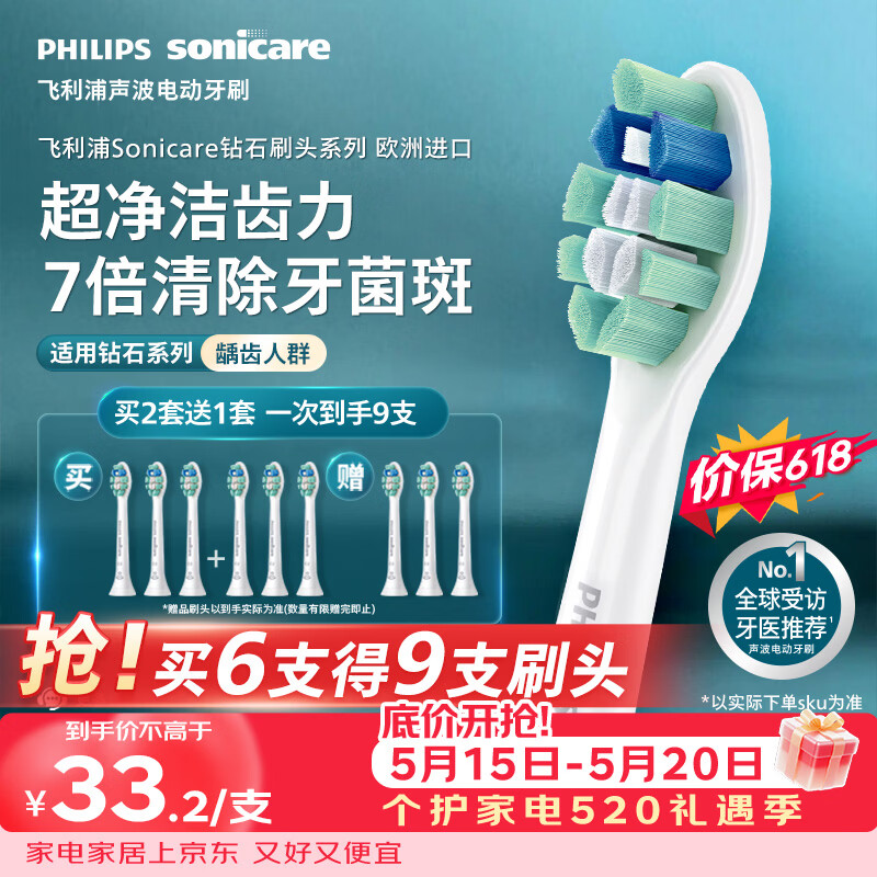 飞利浦（PHILIPS）电动牙刷头C2洁净型官方原装欧洲进口适配钻石1/3/3pro/CI/导航刷系列刷柄 3支装 HX9023