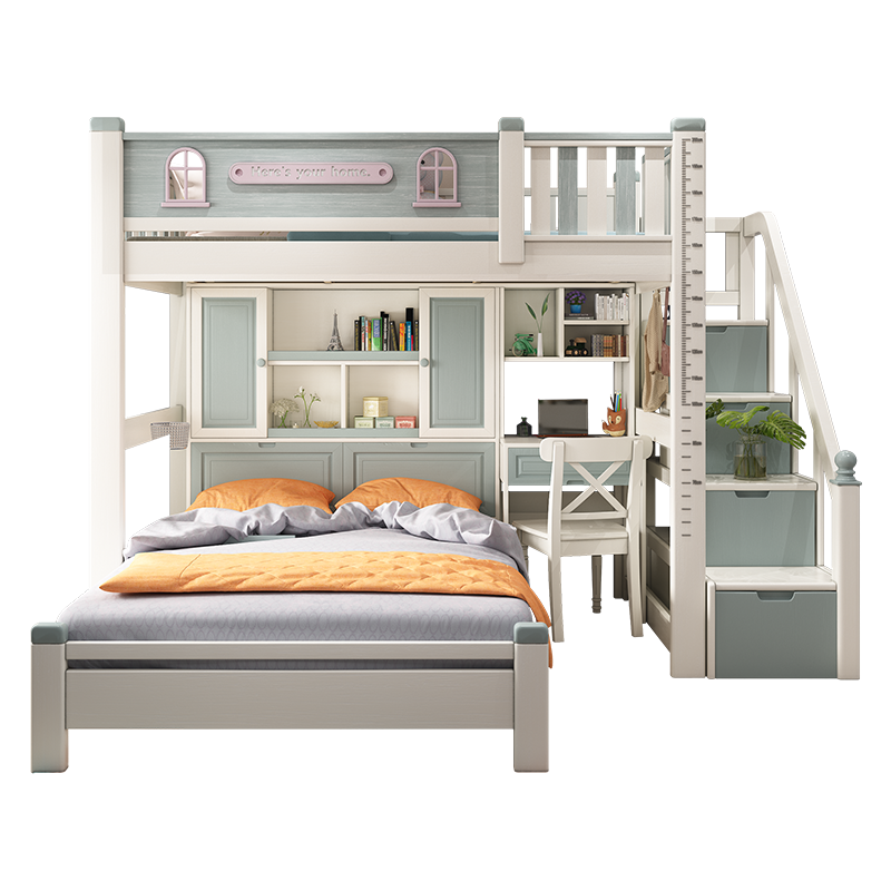 优漫佳 儿童床全实木 交错式上下床铺下桌成人错层床高低床双层床学生床带书桌床水性漆 主架床+1.2*2米单床+床头书柜+直角书桌+柜梯 上铺床架内径 1.2*2米