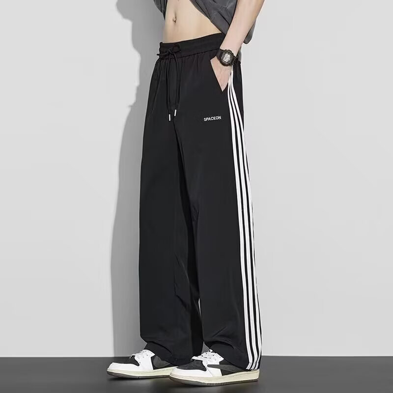 YOUNVFR男士休闲裤子夏季新款宽松直筒松紧冰丝速干垂感速干裤系带阔腿裤 米杏色 XL 【建议115-130斤】