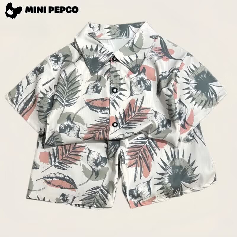小猪班纳(PEPCO)儿童套装新款韩版短袖短裤衬衫两件套海滩风宝宝衣服 衬衣套装棕树叶 110 cm