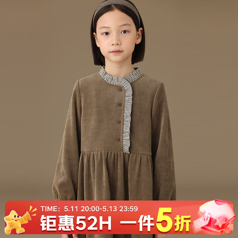 哈齿儿童连衣裙2024冬季新款森系格花边拼接灯芯绒加厚长袖女童裙子冬 橄榄绿 110 cm