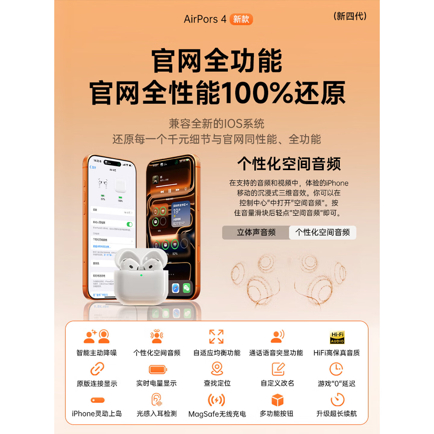 华强北爆款【官配正品丨Air4代】蓝牙耳机适配苹果无线主动降噪入耳式运动2026最新款华强北pods4 原版正装【主动降噪全功能版Air4代】 主动降噪+空间音频+滑动调音+改名定位