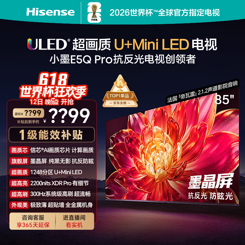 海信电视小墨E5Q Pro 85英寸【送装一体-固定挂架】1248分区U+MiniLED 信芯芯片抗反光防眩光世界杯
