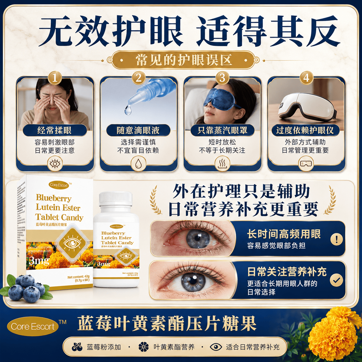CORE ESCORT蓝莓叶黄素酯片儿童青少年中老年眼疲劳眼睛营养学习看书眼睛累 【加班熬夜】 60粒*2瓶
