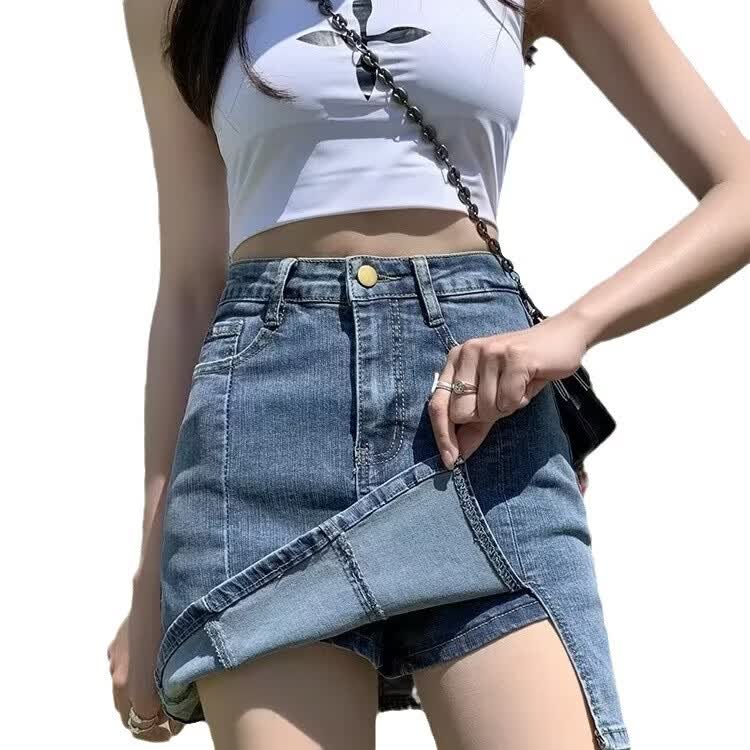无品牌开叉牛仔短裙女夏季大码短裤裙高腰显瘦防走光a字包臀裙半 黑色 5XL