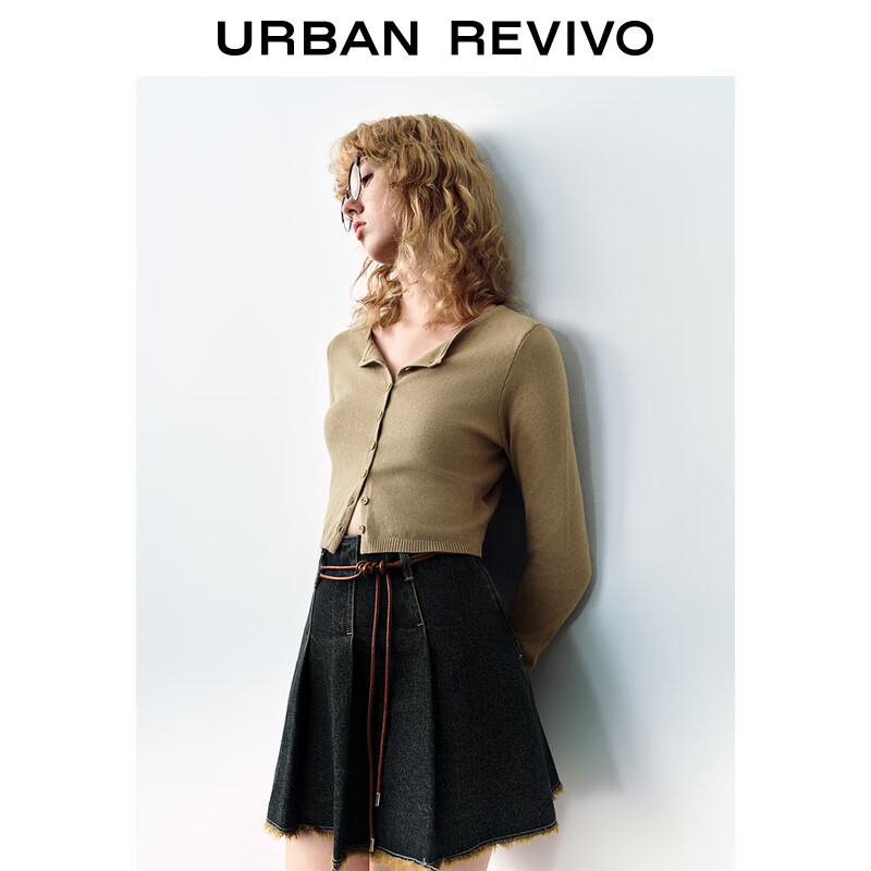 UR秋季新款女装旷野美拉德百搭修身针织开衫UWB940014 卡其 M