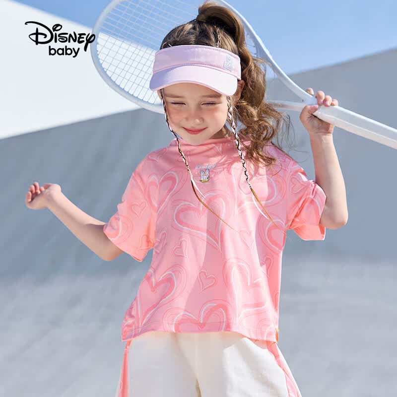 迪士尼(Disney)童装男女童套装个性印花短袖T恤透气运动短裤两件套夏篮球服套装 粉色爱心 110 高105-115cm重30-40斤