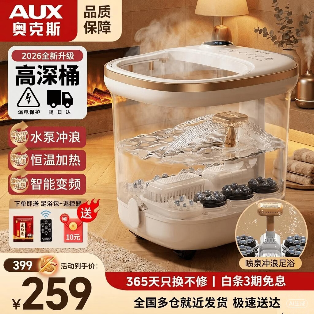 奥克斯泡脚桶全自动按摩加热一体机2026足浴盆洗脚桶足疗机杀菌过小腿高深桶恒温实用生日礼物送父母长辈 【升级款】智能花洒淋浴冲浪 京东折扣/优惠券