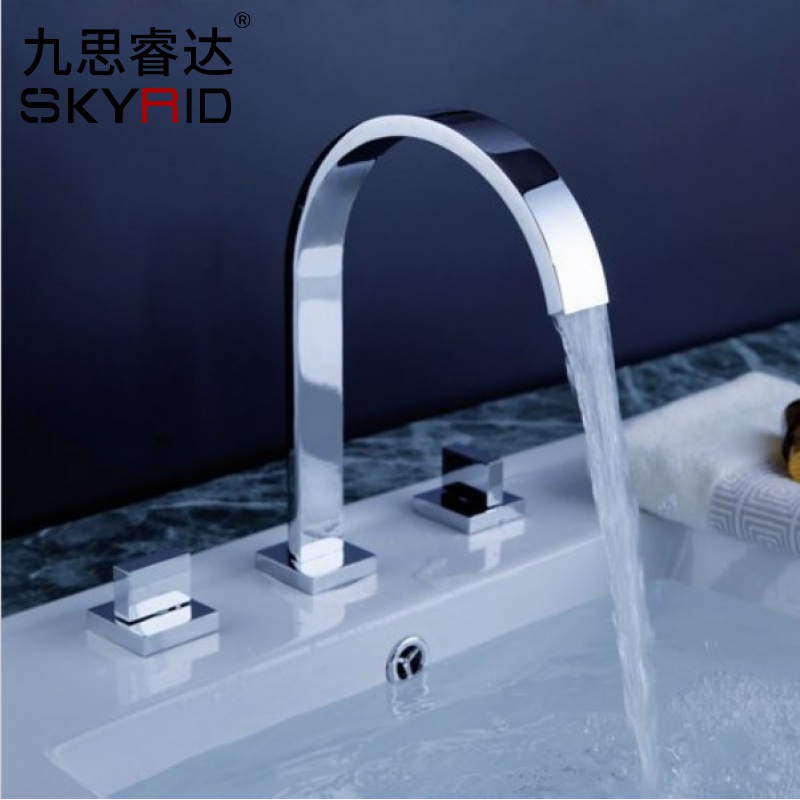 九思睿达 全铜分体面盆三孔 三套水龙头扁管出水双把冷热水龙头