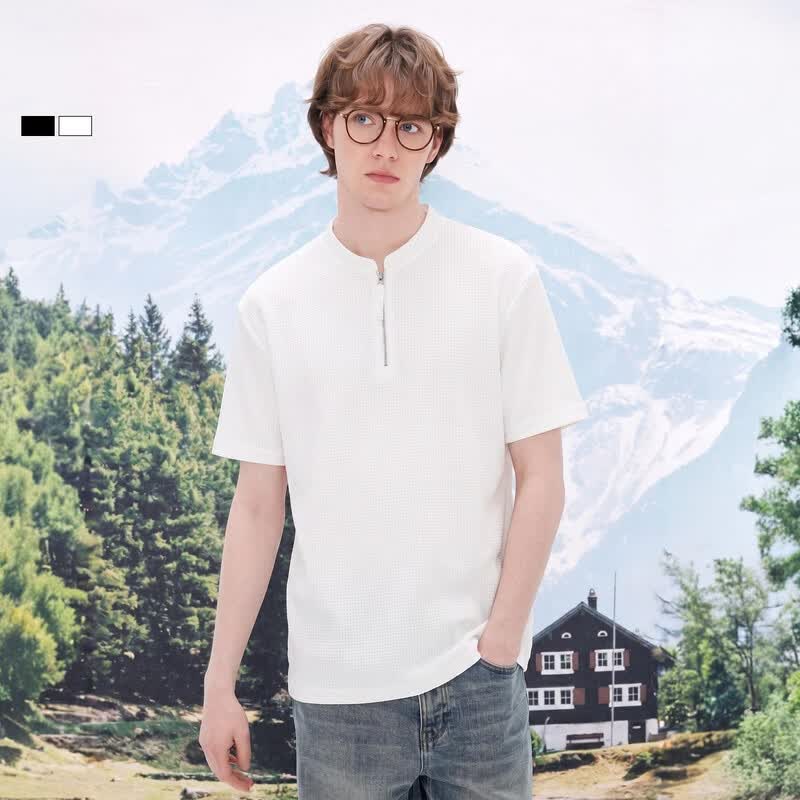 gxgjeans男装 黑色半拉链宽松华夫格休闲立领短袖t恤男26夏新品 白色 L (175)