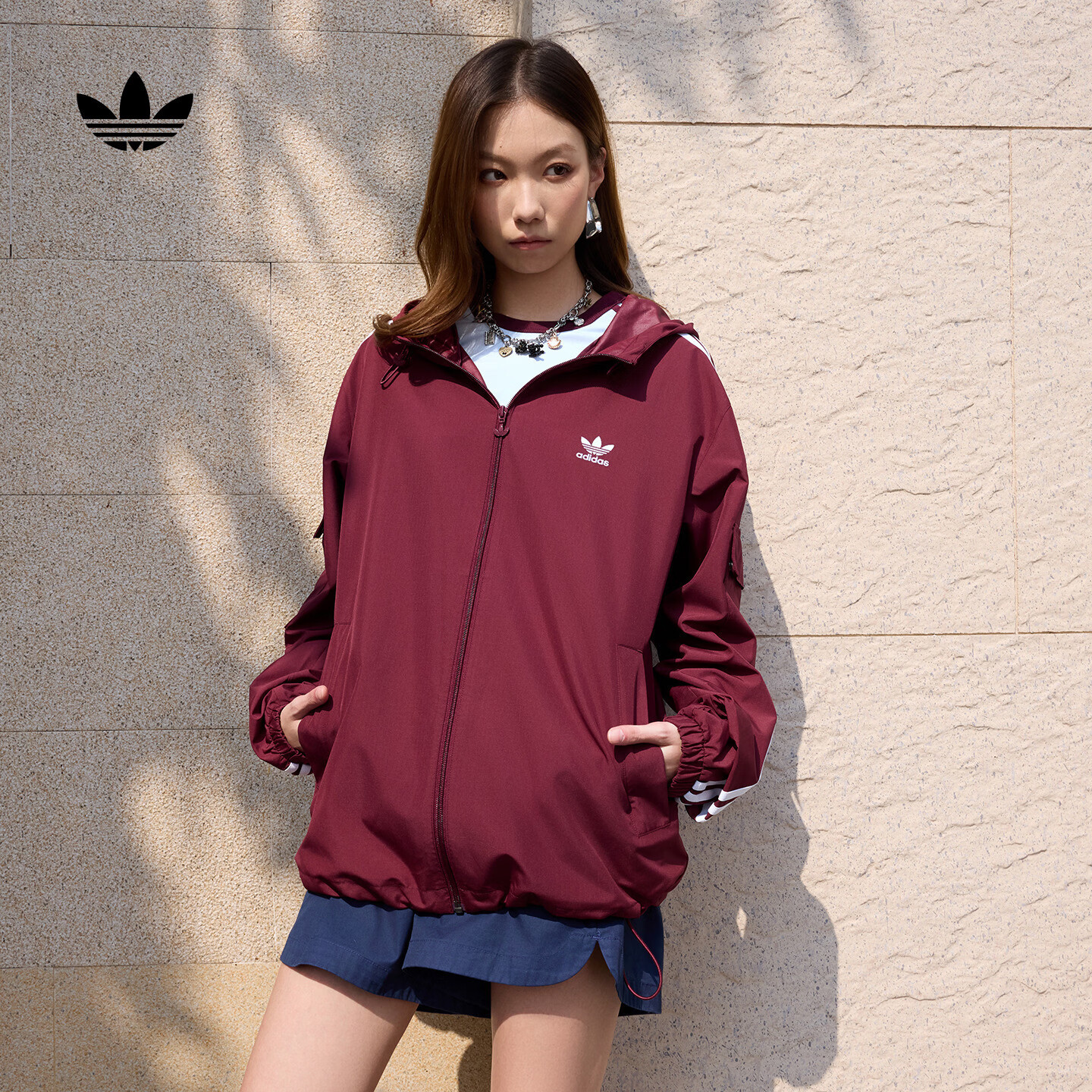 adidas通勤百搭休闲运动连帽夹克外套男女春季阿迪达斯三叶草   暗红   S
