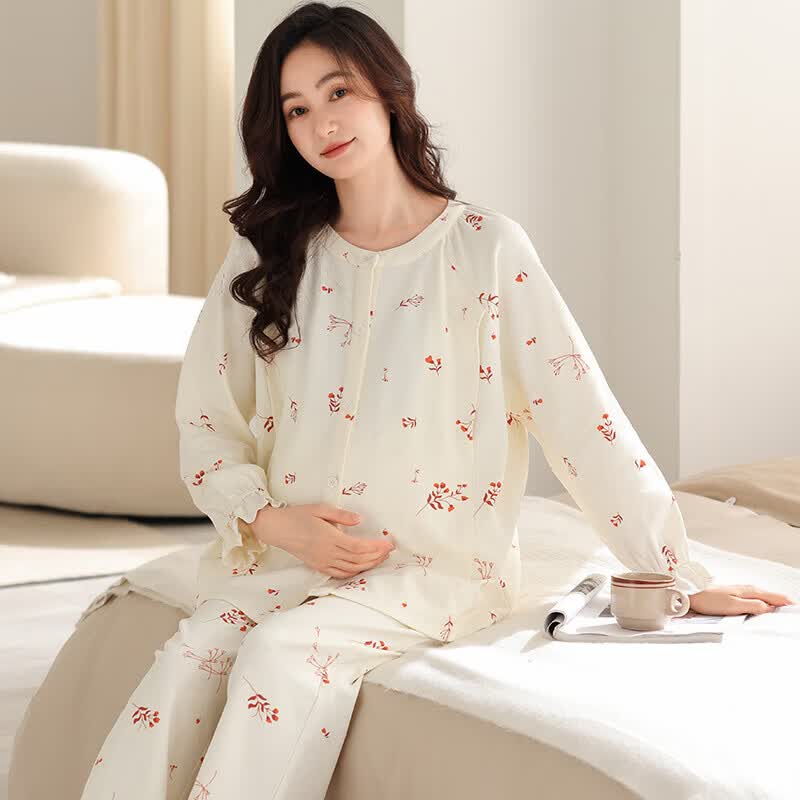 ROVO月子服孕妇装产后睡衣套装夏季薄款产后喂奶产妇哺乳家居服 米色碎花 XXL
