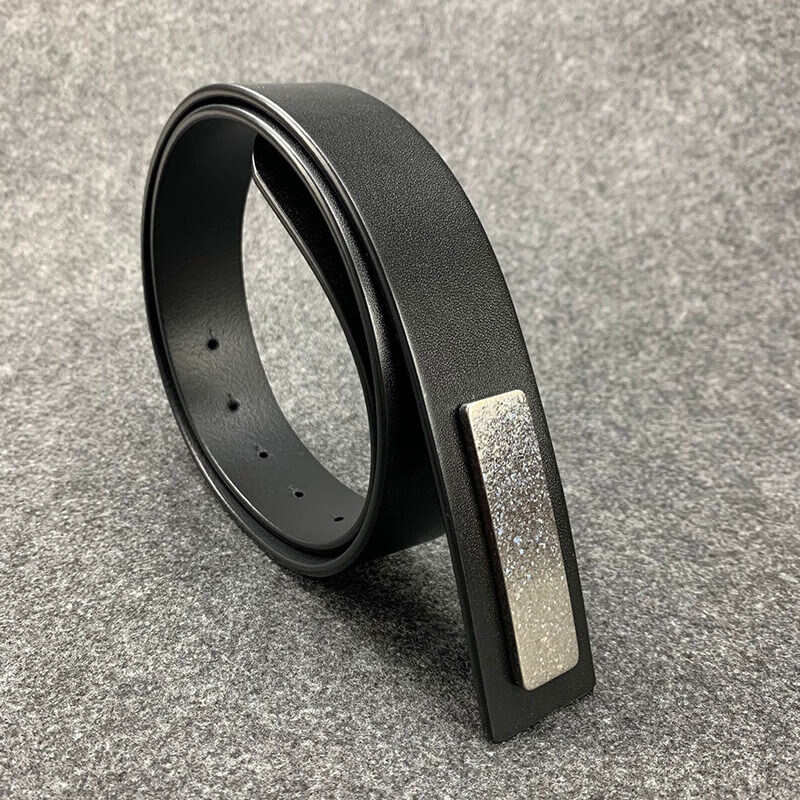 【新品】钛合金无头双针扣腰带男款轻平滑扣锤纹真带头层 光面拉丝扣含皮带整套 120cm