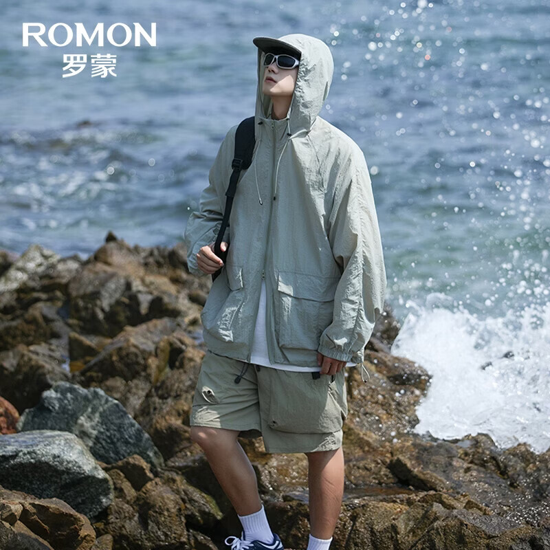 罗蒙(ROMON)UPF50+防晒衣男女同款连帽宽松薄款透气夏季情侣百搭户外防晒服 海沫绿 2XL (180)【建议165-180斤】