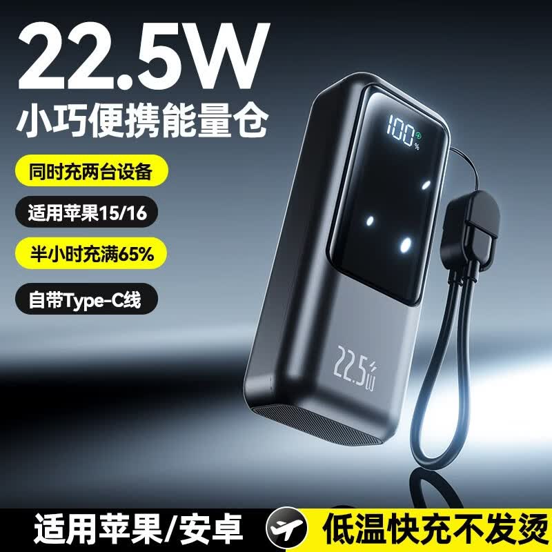 锐仕科2026新款超大容量充电宝20000毫安自带线户外小巧便携双向超级快充迷你移动电源旅游旅行必备 浅灰色[双向超级快充+自带挂绳线+迷你小巧] 20000mAh