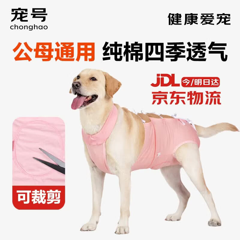 宠号狗狗绝育服四脚衣手术服断奶衣服小中大型犬金毛柯基泰迪比熊 粉色（四季纯棉 公母通用） XL 建议40-60斤