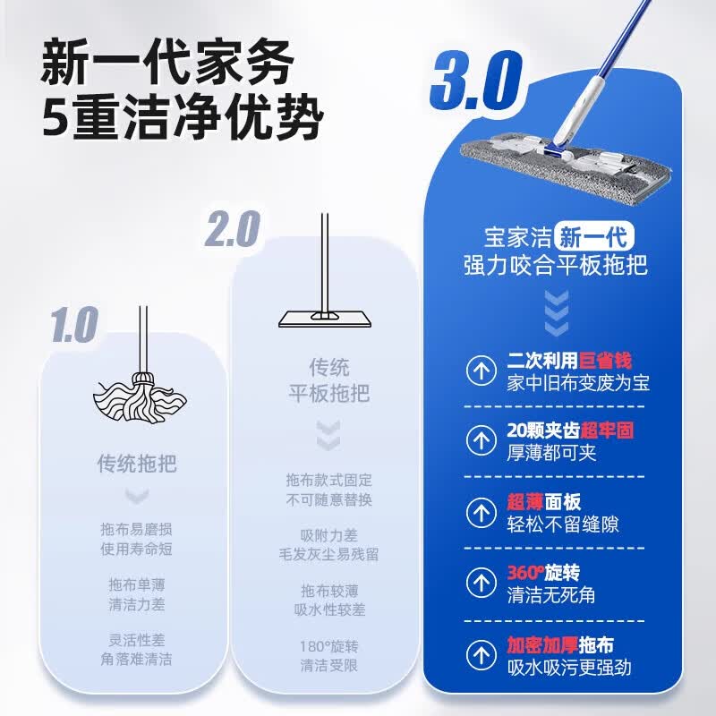 宝家洁（BAOJIAJIE）【杨幂同款】夹布拖把平板拖把家用一拖净免手洗2026洗脸巾家用 【40CM替换装】共2片清洁布（不含拖把） xe06-2