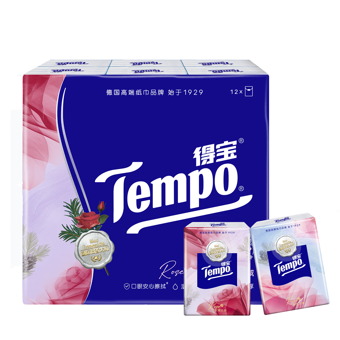 得宝（TEMPO）国际大师调香 玫瑰之域 对半撕手帕纸4层7张*12包  XL码纸巾小包