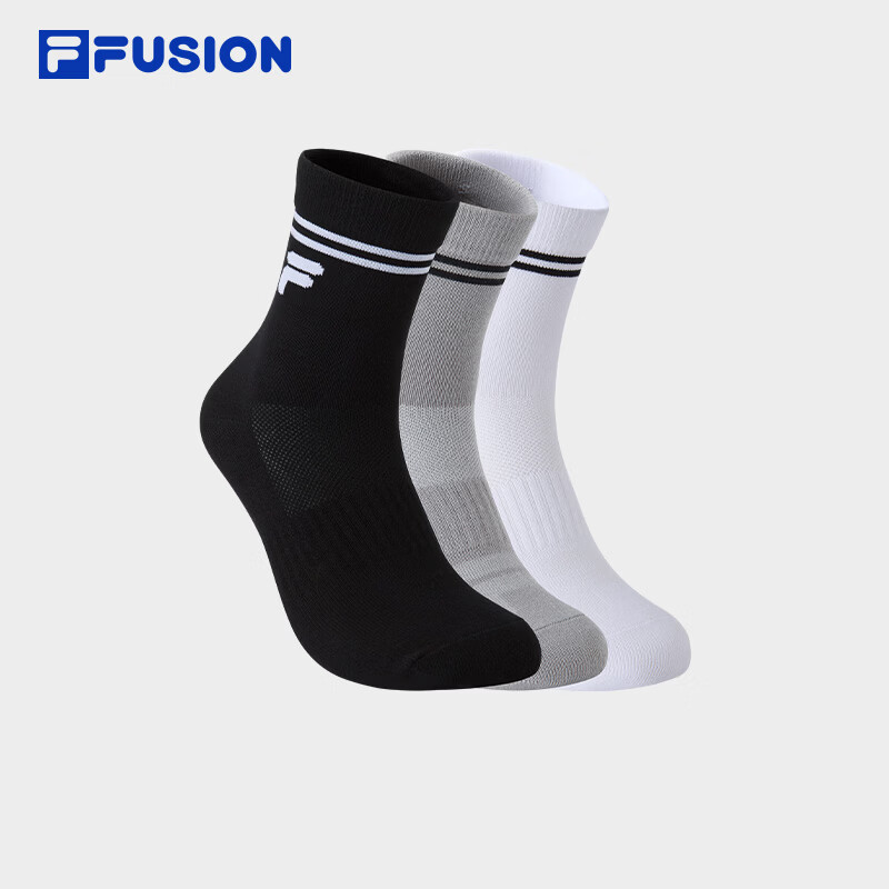 FILA FUSION斐乐潮牌情侣款中腰袜套装2026秋新款舒适运动袜3双装 深黑/标准白/合金灰(16-3915TCX)-99 S