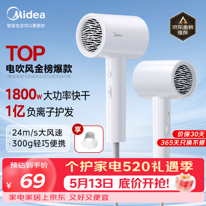 美的（Midea）1亿负离子电吹风 大功率快干不伤发吹风机 家用负离子护发吹风筒 FJ208白1800W 国家补贴 生日礼物