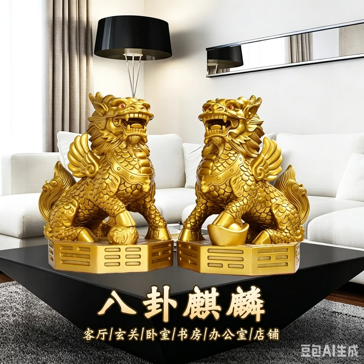 旺旺铜麒麟摆件一对纯铜开过镇宅招财光踩八卦公母火麒麟家居办公室 高45厘米麒麟