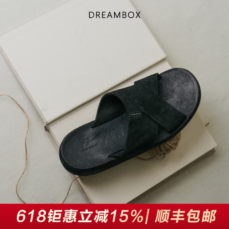DREAMBOX钧博水洗马皮平底外穿拖鞋2026新款一字拖夏季透气拖凉鞋 陨石黑 40 男码