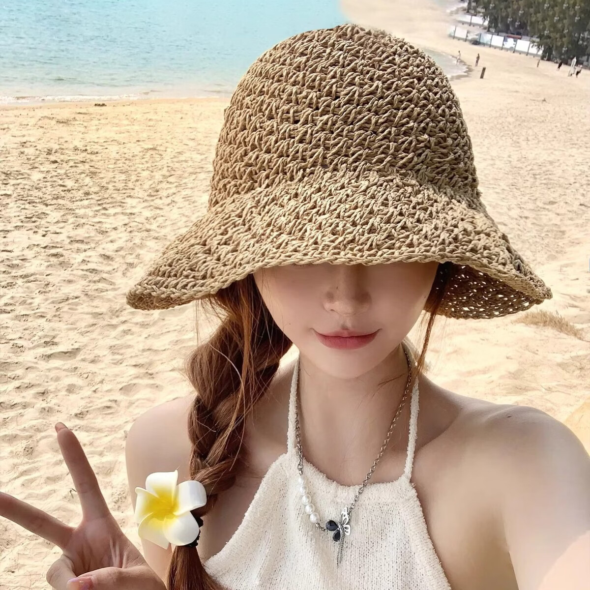 魅梓樱草编帽子夏季出游度假透气可折叠渔夫草帽大帽檐防晒太阳帽女遮阳 米色 均码 (56-58cm)