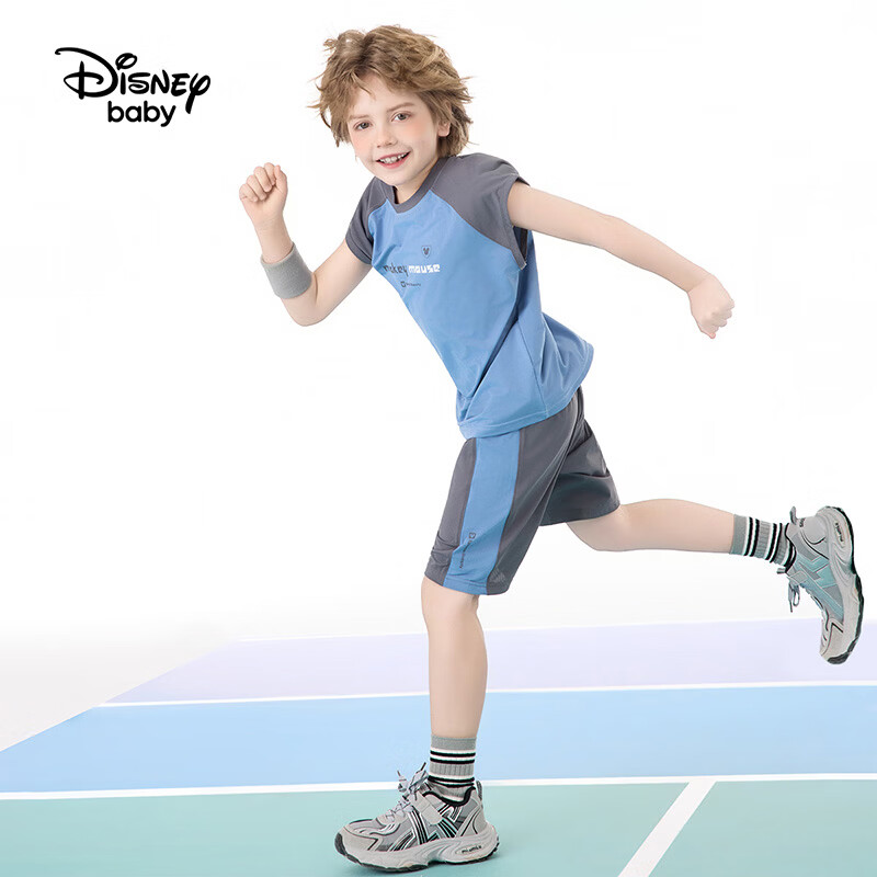 迪士尼(Disney)童装男女童运动套装夏新款跑步儿童短袖休闲两件套夏款上衣短裤 深灰 130 高125-135cm重50-60斤