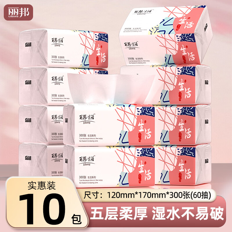 丽邦抽纸5层300张*10包纸抽纸巾一整箱家庭装餐巾纸卫生厕纸