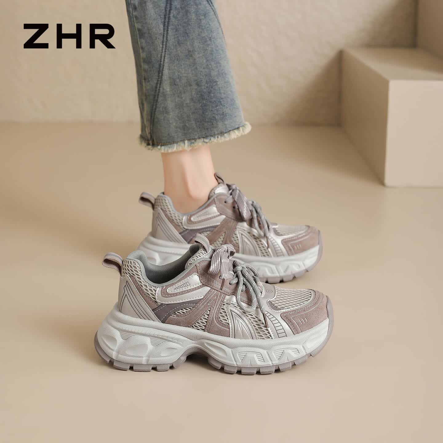 ZHR则则老爹鞋女2026春夏新款网面透气巨舒适厚底运动鞋休闲女鞋 灰紫色 37
